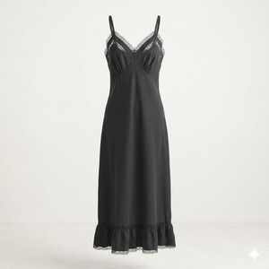 Charmode Sears Black Nylon Slip Dress Lace Ruffle Grunge Coquette 34 Vintage 50s